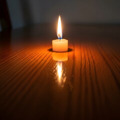 A solitary lit candle on a wooden table in a dark room