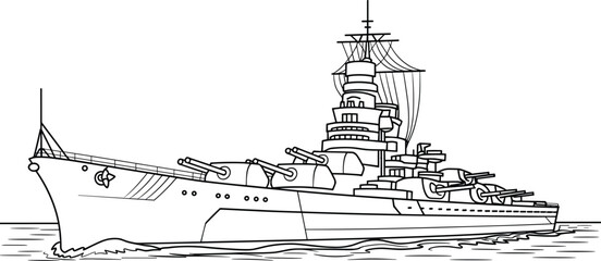 Battleship warship naval vessel line art illustration detailed military cruiser with cannons radar mast black white vector drawing © Akhi's orld