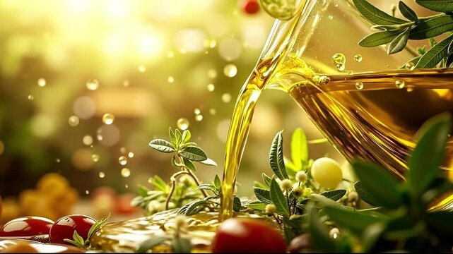 A bottle of olive oil being poured into a glass filled with olive oil