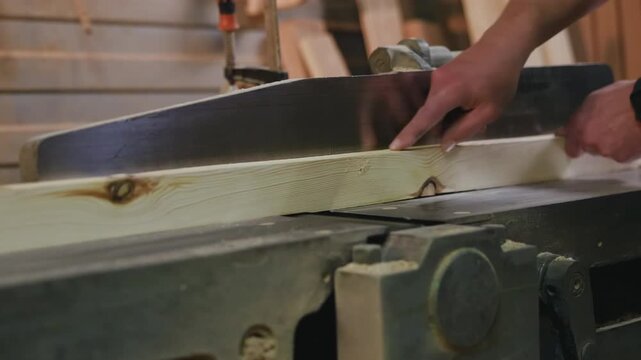 Feeding Wood Through Spinning Blade, Precise Woodworking Under Warm Workshop Lighting Conditions . Media