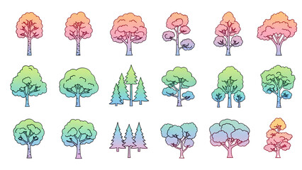 Vibrant tree illustrations in various colorful styles and gradients