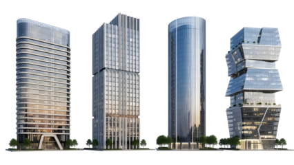 Four glass-clad modern skyscrapers, isolated on a transparent background, representing contemporary urban architecture and business environments