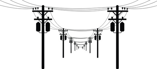 Electric power transmission line silhouette illustration featuring utility poles cables transformers perspective view infrastructure energy distribution black vector design