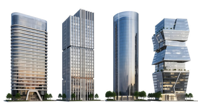 Four glass-clad modern skyscrapers, isolated on a transparent background, representing contemporary urban architecture and business environments