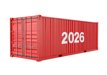 Red shipping container with year 2026 for logistics and transportation on transparent background, PNG