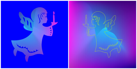 Obraz premium Gradient Angel Silhouette and Neon Outline Art, Blue and Purple Abstract Angel Illustration, Stylized Christmas Angel Holding a Candle