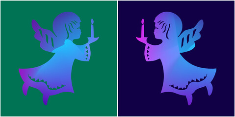 Stylized Christmas Angel Holding a Candle, Gradient Angel Silhouette and Neon Outline Art, Modern Digital Art of a Praying Angel