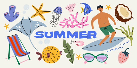 Summer stickers set in cartoon retro style. Summer party, vacation, travel, beach season, surfing. Bright funky summer elements and shapes. Vector illustrations © luamor