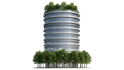 Building surrounded by trees, isolated on a transparent background, representing architecture integrated with nature