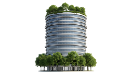 Building surrounded by trees, isolated on a transparent background, representing architecture integrated with nature