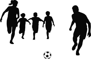 Kids and adults playing soccer silhouette illustration group outdoor football activity teamwork sport recreation black vector design