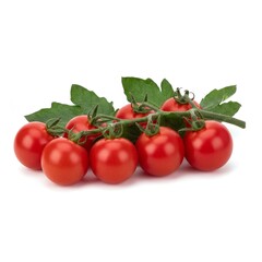 Fresh Cherry Tomatoes on Vine with Green Leaves Isolated on White background