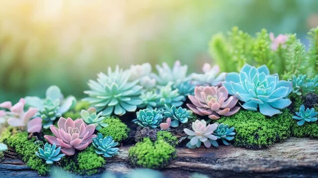 Delicate arrangement of succulent plants with pastel and turquoise hues, nestled in lush green moss on weathered wood surface, bathed in soft, ethereal light
