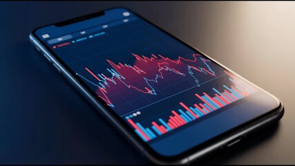 Smartphone displaying dynamic financial chart with colorful data visualization. Concept of technology in finance, market analysis, and investment strategies. - Powered by Adobe