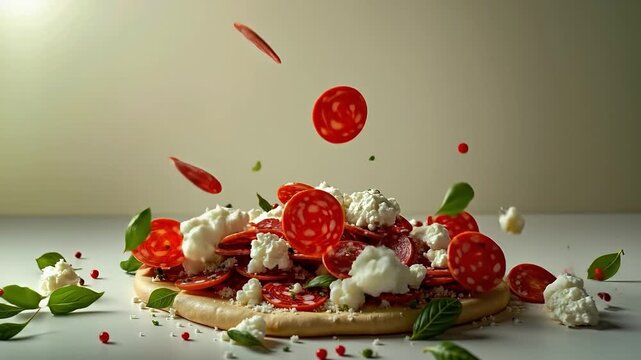A pizza topped with tomatoes and cheese on top of a table