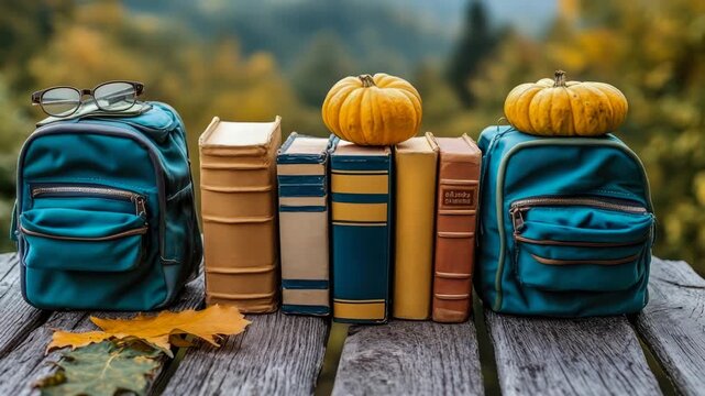 Cozy autumn education setup with reading material, eyeglasses, and seasonal squash resting outdoors on rustic lumber