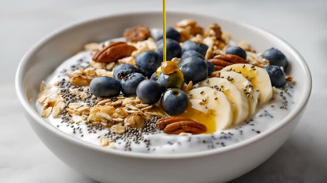 Bowl of greek yogurt with oat granola banana, blueberries, chia seeds, honey and nuts on white background for healthy breakfast
