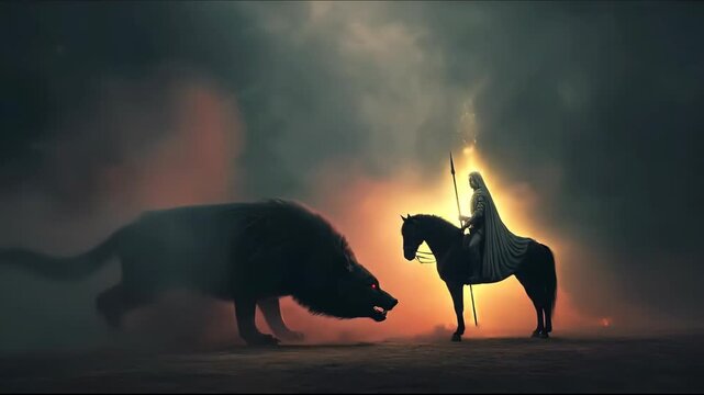 Man on horseback faces a growling monster wolf with glowing red eyes in a smoky, fiery landscape, concept of a holy warrior against evil.