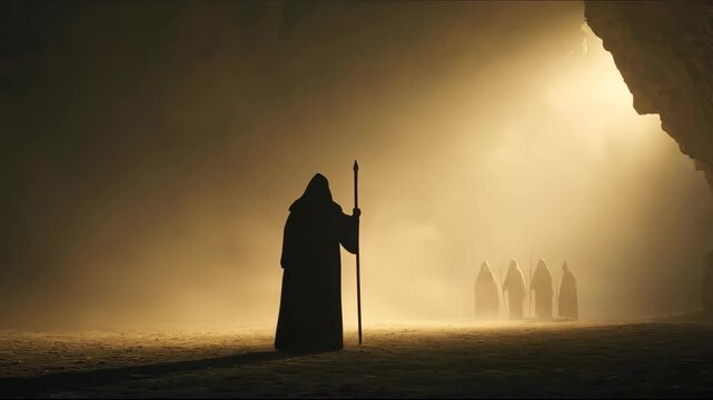 Man in ancient cloak with staff standing in mysterious cave with light beam and shadowy figures suggesting spiritual journey