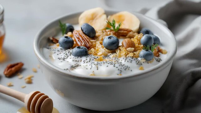 Bowl of greek yogurt with oat granola banana, blueberries, chia seeds, honey and nuts on white background for healthy breakfast