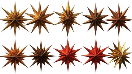 Collection of starburst designs in various warm colors on a black background