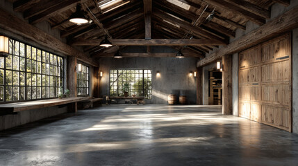 Spacious rustic industrial hall with high wooden ceiling and large windows.