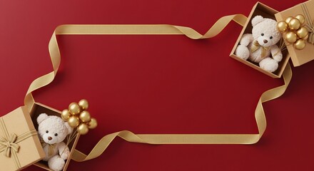Fototapeta premium Elegant Red Background with Golden Ribbon Frame, Gift Boxes, Teddy Bears, and Balloons
