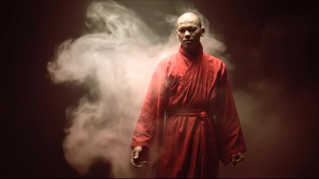 Asian man monk controlling smoke as spiritual power. Holy fight concept with mystic cloud against evil spirits and demons.