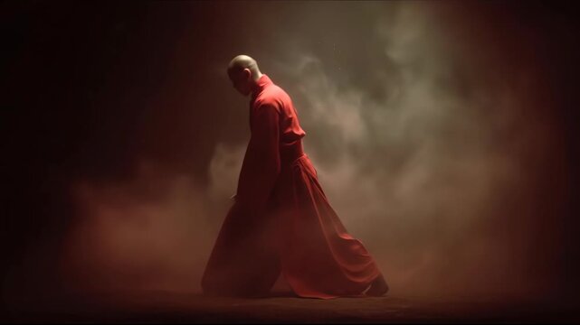Man monk in red robe meditating with flowing smoke, performing spiritual movement to battle evil spirits.