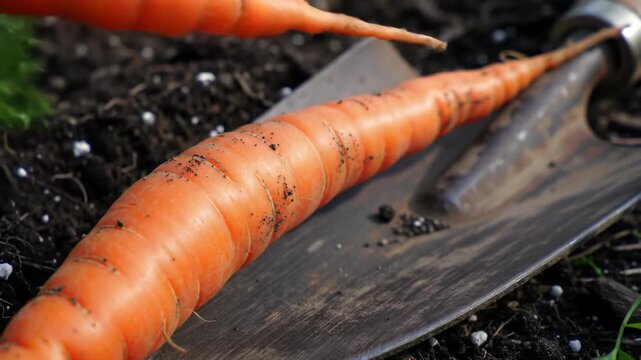 Fresh carrots with soil on garden trowel after harvest.