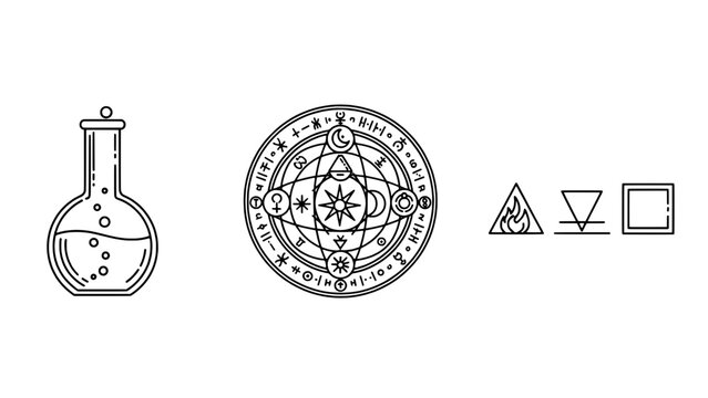 Line art potion bottle with circular magical sigil and geometric icons