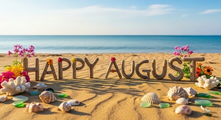 Happy august lettering on the beach with flowers and seashells in summer