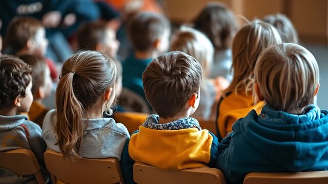 A group of children sitting in a classroom watching a presentation