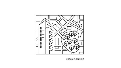 Urban planning illustration with buildings, roads and trees in vector outline style