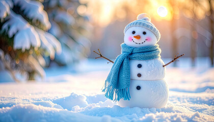 Cute snowman with blue scarf in warm winter sunlight