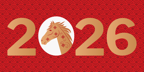Chinese New Year 2026 Greeting Card with Golden Horse, Red Ornamental Background and Festive Asian Style Illustration.