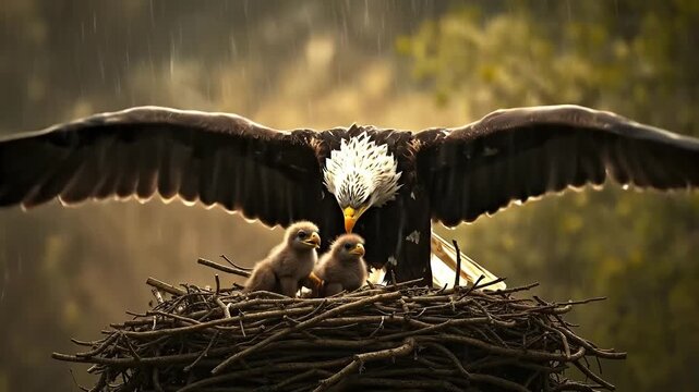 A bald eagle with two chicks in a nest in the rain