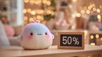 Kawaii plush toy sits on  wooden table beside Sale sign