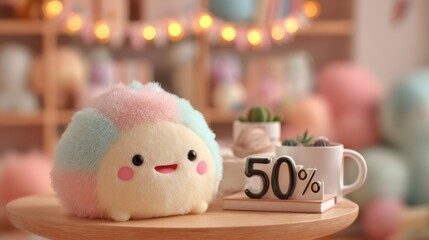 Kawaii plush toy sits on  wooden table beside Sale sign