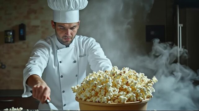 A man in a chef's hat is pouring popcorn into a bowl