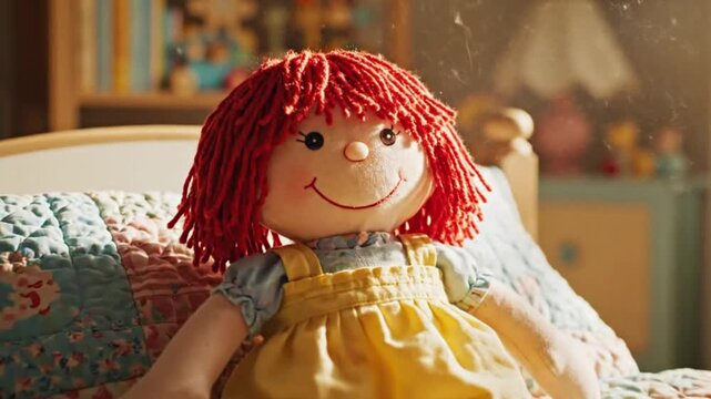 A charming close-up shot captures a classic, handcrafted rag doll with vibrant red yarn hair, button eyes, and a cheerful stitched smile, sitting comfortably on a soft, multicolored patchwork quilt. T