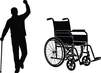 Obraz premium Black silhouette of man standing up from wheelchair with cane and raising hand in victory isolated on white background