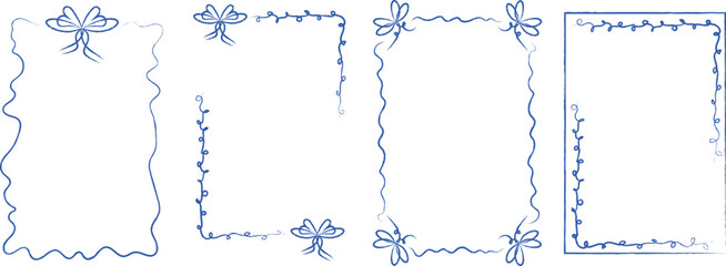 A hand-drawn ribbon frame, doodle-style, wedding decor, wavy banner, and minimalist geometric embellishment collection. A vintage ribbon bow pattern for a birthday invitation.
