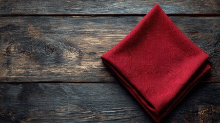 Red linen cloth folded on a dark rustic wooden table