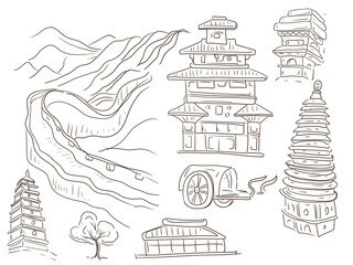 China architecture historical buildings Great Wall of China pagoda monuments culture traditions hand drawn sketch doodle