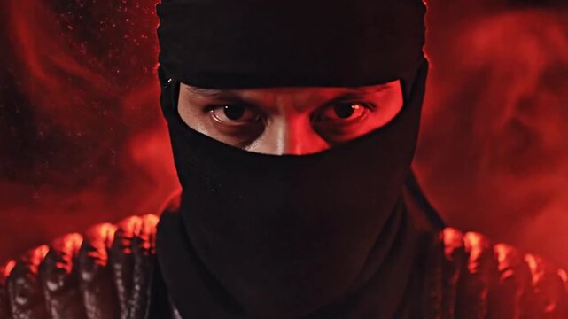 A close-up shot captures a mysterious and intense figure, with piercing eyes gazing directly into the camera. The individual's face is partially obscured by a black facial covering and headwrap, enhan