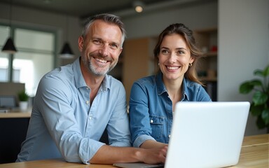 Fototapeta premium Two middle age business workers smiling happy and confident. Working together with smile on face using laptop at the office. High quality