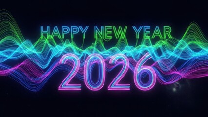 Vibrant Neon Glow Happy New Year 2026 Text with Abstract Flowing Digital Waveform