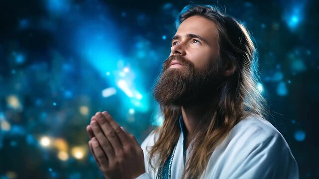 Faceless figure with long hair and beard in traditional robes extending hand in prayer, dramatic dark background with divine light, spiritual care and mercy symbolism, defocused at