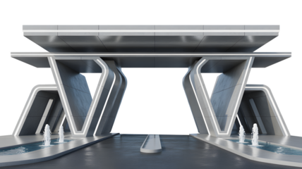 Futuristic Architectural Structure with Water Fountains and Geometric